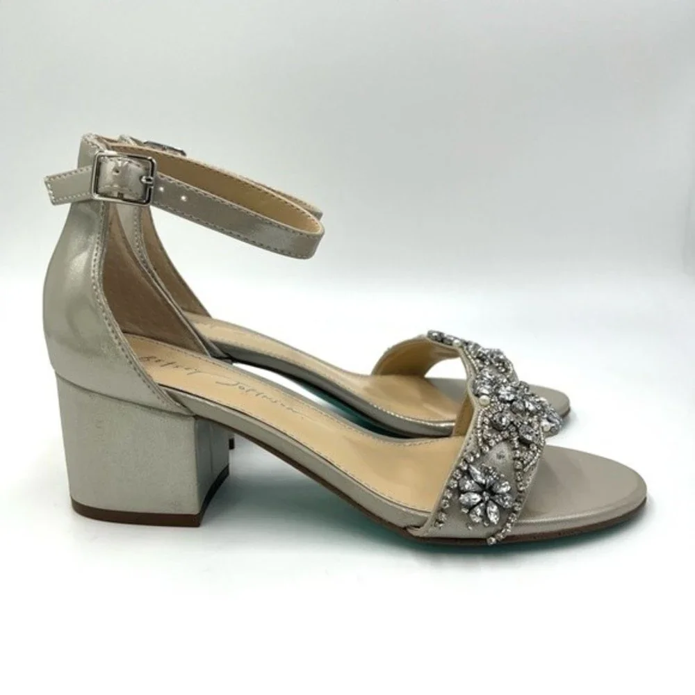 Betsey Johnson Size 6 Mel Silver Jeweled‎ Jewel Block Dress Heels Sandals Shoes